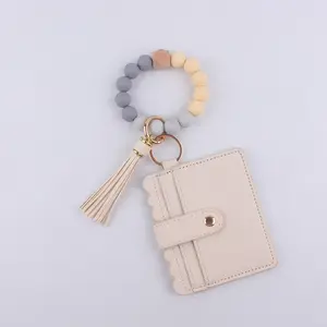 Silicone bead bracelet card holder accessories, silicone bead wristband, PU tassel women's wallet, leather tassel keychain