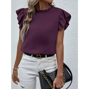 Solid color pleated collar short sleeved elegant shirt