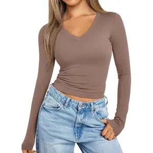 Long Sleeve Shirts for Women 2024 Fall Fashion V Neck Basics Crop Tops Layering Slim Fitted Tops Womenswear Blouse Comfort Polyester Fabric Spandex Skinny Casual