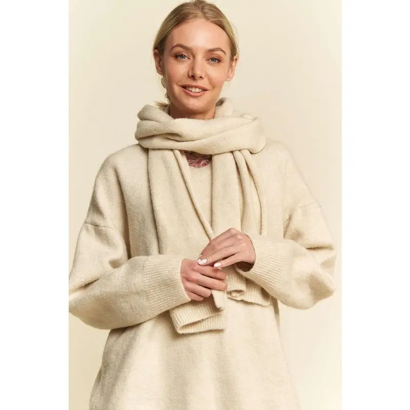 Davi & Dani V-Neck Dropped Shoulder Sweater with Scarf