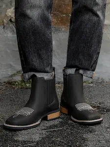 Men's Distressed Leather Chelsea Boots, Stitching Decor, Elastic Back Pull Loop, Durable Rubber Sole, Casual Workwear Style