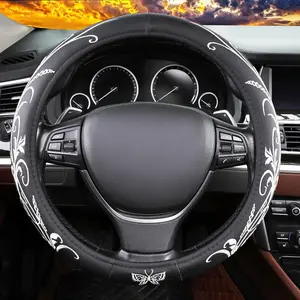 White Embroidery Butterfly Car Steering Wheel Cover,14.5-15 Inch Universal Leather Covers Breathable Anti-Slip Odorless Steering Wheels Accessories for Men
