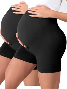 2-pack Seamless Maternity Cycling Shorts for Women, Soft Over-bump Design for Comfortable Exercise and Running, Slim Fit Lightweight Sportswear, Maternity Clothing, Pregnancy Clothes, Prenatal Maternity Clothing