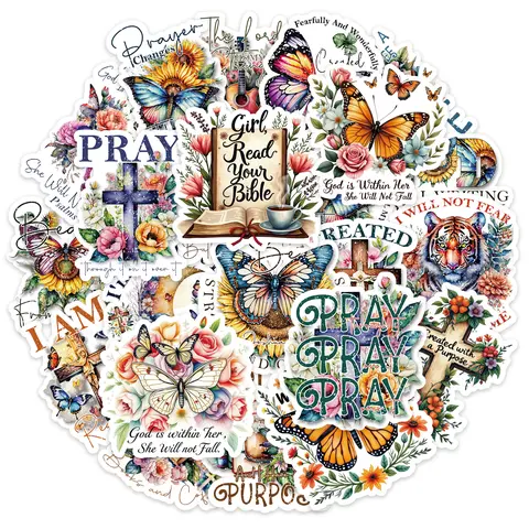 50PCS Butterfly Bible Stickers DIY Phone Cellphone Laptop Journal Decoration Jesus Phrase Inspirational Text Sticker Scrapbooking Supplies Sticker Set
