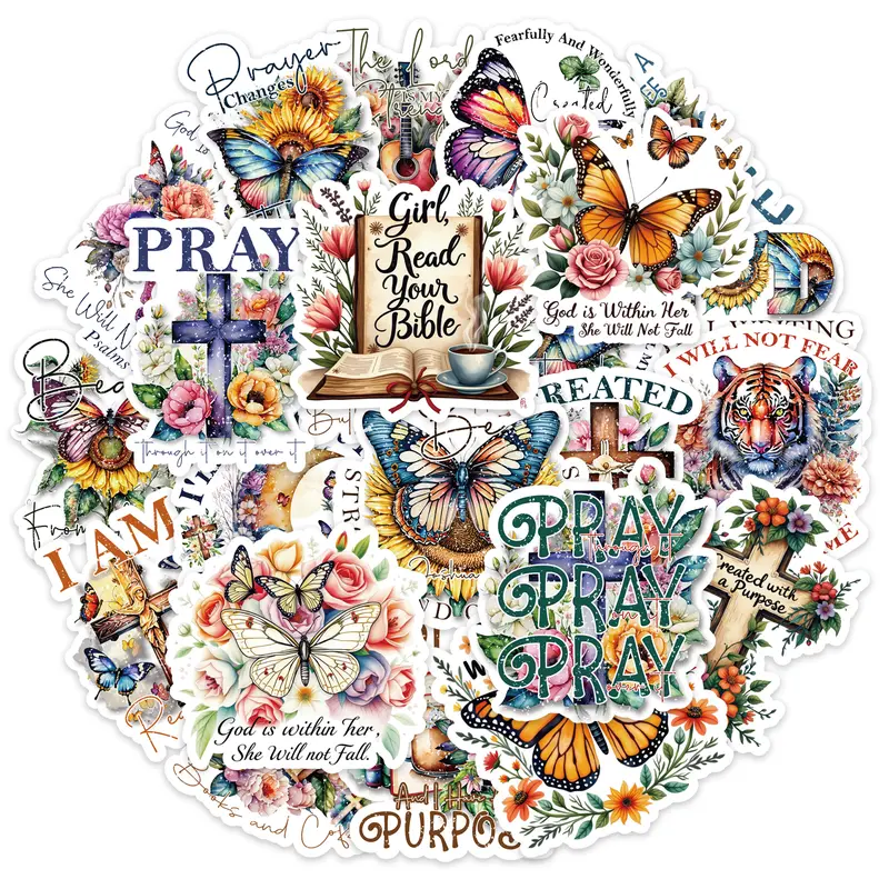 50PCS Butterfly Bible Stickers DIY Phone Cellphone Laptop Journal Decoration Jesus Phrase Inspirational Text Sticker Scrapbooking Supplies Sticker Set