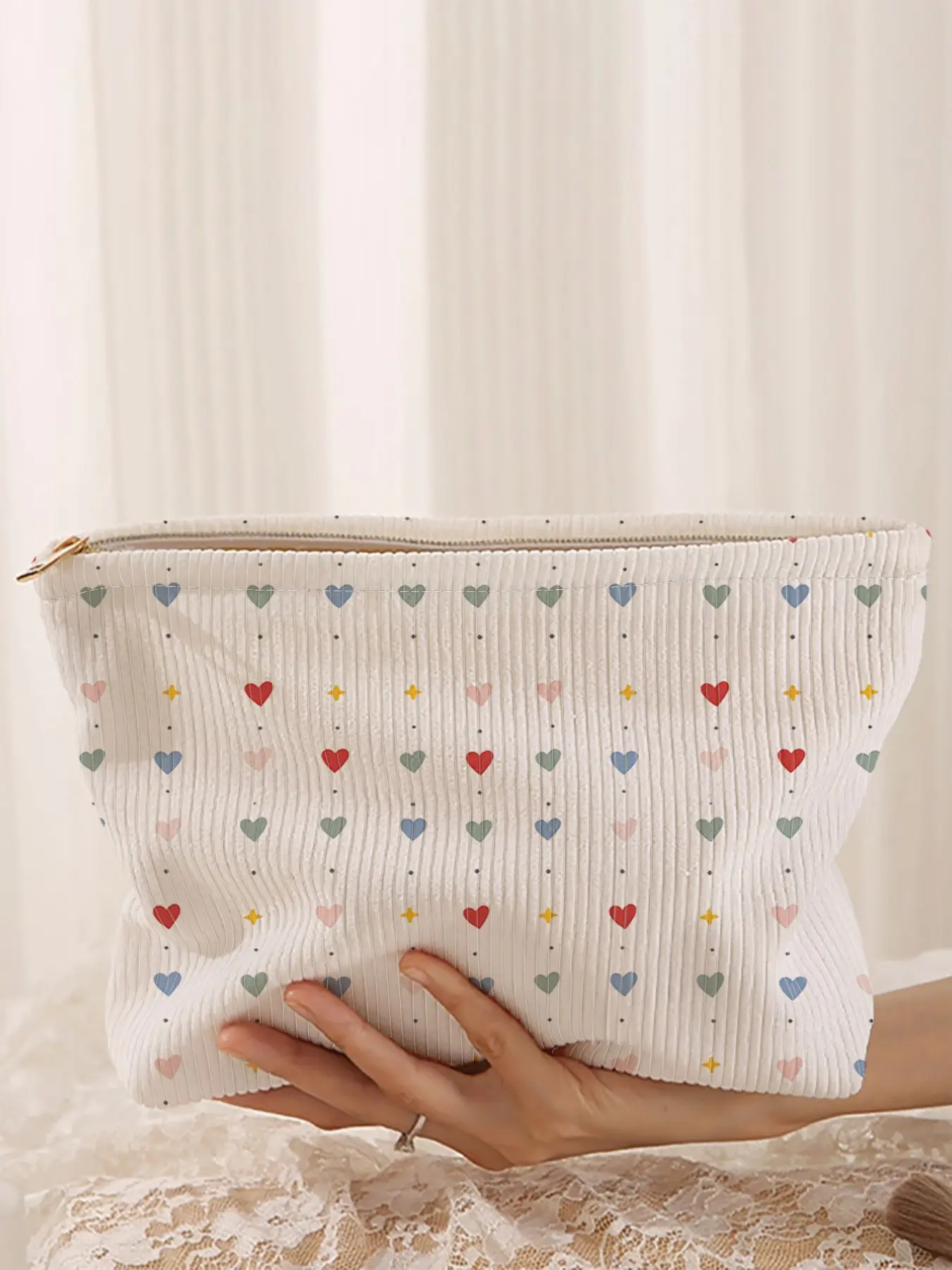 Heart Printed Corduroy Makeup Bag, Cartoon Style, Cute Lightweight Multi-Functional Fashion Casual Cosmetic Pouch, Travel Organizer