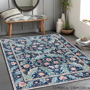 Velvet + Pointed Base]1PC Blue Floral Border Large-Sized Living Room Doormat American Luxury Machine-Washable Foldable Easy-to-Clean Non-Slip Carpet Home Decor Suitable for Living Room Bedroom Sofa Coffee Table Garden Doormat