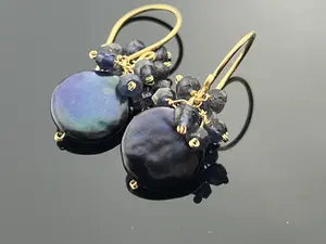 Peacock Coin Pearls and Iolite Cluster Earrings · 14K Gold Filled or 925 Silver · Gemstone Dangles · Gift for Her · Handmade