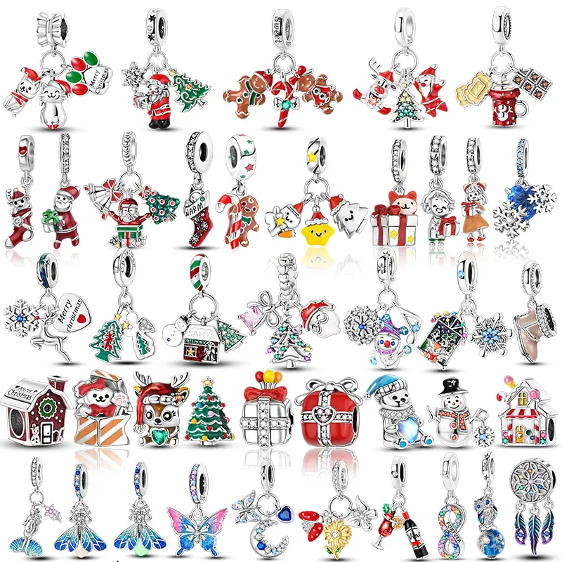 925 Sterling Silver Christmas Charms - Santa Claus, Elk Bead, Snowflake, Snowman Pendants for Bracelet DIY Jewelry Making & Gifting