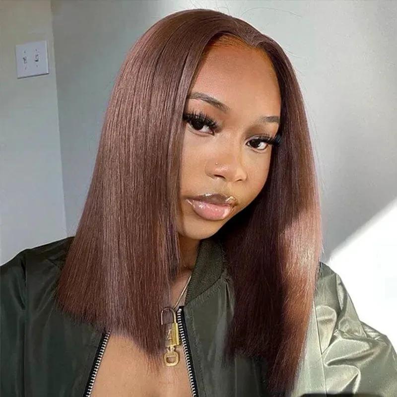 200% Density Brown Bob Wig Human Hair 13x4 HD Lace Frontal Short Straight Lace Front Bob Wigs For Black Women Chocolate Brown Human Hair Wig Pre Plucked Glueless Side Part Chocolate Brown Wig 10 Inch