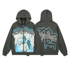 Men’s Oversized Vintage Washed Zip-Up Hoodie, Retro Angel "Emotion" Rhinestone Graphic Print, Grunge Streetwear, Full-Zip Closure, Loose Fit, Casual Fall/Winter Top, Trendy 2026 Essential