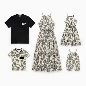 [LIVE Flash Sale] Family Matching Paisley Print Outfits Sleeveless Spaghetti Strap Dress & Cotton T-Shirt for Mom, Dad, & Kids Perfect for Family Outings & Photos