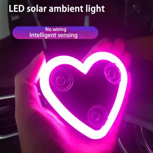 2pcs Car Interior Decor Heart Shape Neon Solar Powered Wireless LED C-Pillar Atmosphere Light for Suitable cars trucks and off-road vehicles
