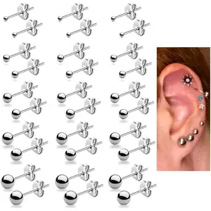 15 Pairs Surgical Steel Ball Stud Earrings Set for Women & Men, 2-6mm, Silver & Gold, Hypoallergenic, 316L Stianless Steel