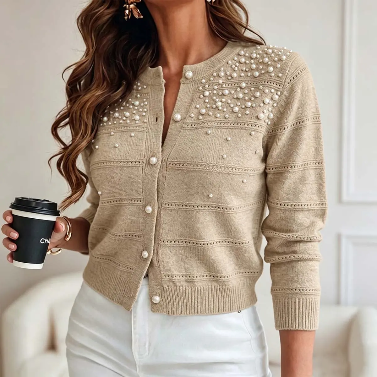 CHICME Women's Pearl Beaded Knit Cardigan Elegant Hollow Out Crop Sweater Casual Button Down Coat