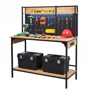 48" Heavy Duty Work Bench Adjustable Height Max Load 1200 LBS with Storage Shelf for Garage Workbench, Rubberwood Tabletop with Pegboard, LED Light, Built-in Power Strip for Work Bench for Workshop, Garage, Office, Home