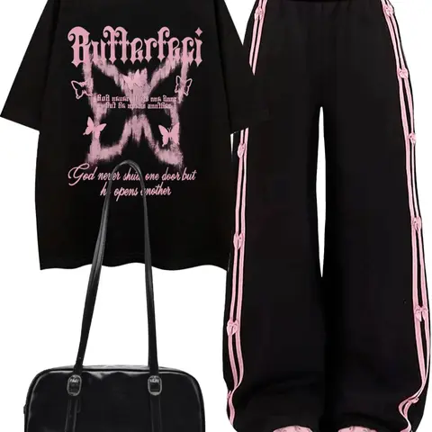 Women's Butterfly Print Tee & Pants Set, Casual Round Neck Short Sleeve T-shirt & Trousers, Ladies Clothes for Daily Wear, Whimsy Goth Outfits, Summer Outfits Set, Matching Sets, Casual Lounge Set, Two Pieces Sets