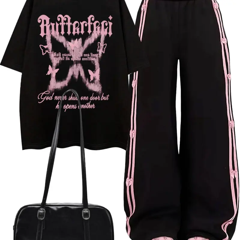 Women's Butterfly Print Tee & Pants Set, Casual Round Neck Short Sleeve T-shirt & Trousers, Ladies Clothes for Daily Wear, Whimsy Goth Outfits, Summer Outfits Set, Matching Sets, Casual Lounge Set, Two Pieces Sets