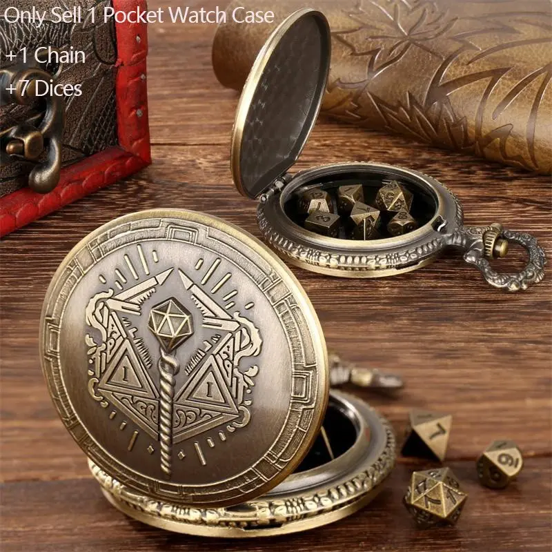 Vintage Wizard Magic Wand Pattern Empty Pocket Watch Case with Pendant Chain, Includes 7pcs Tiny Metal Polyhedral Dice, Dnd Metal Dice, Metal Dice Set for Tabletop Role-Playing Board Game,Indoor Entertainment Gaming Accessory,Gift for RPG Lover