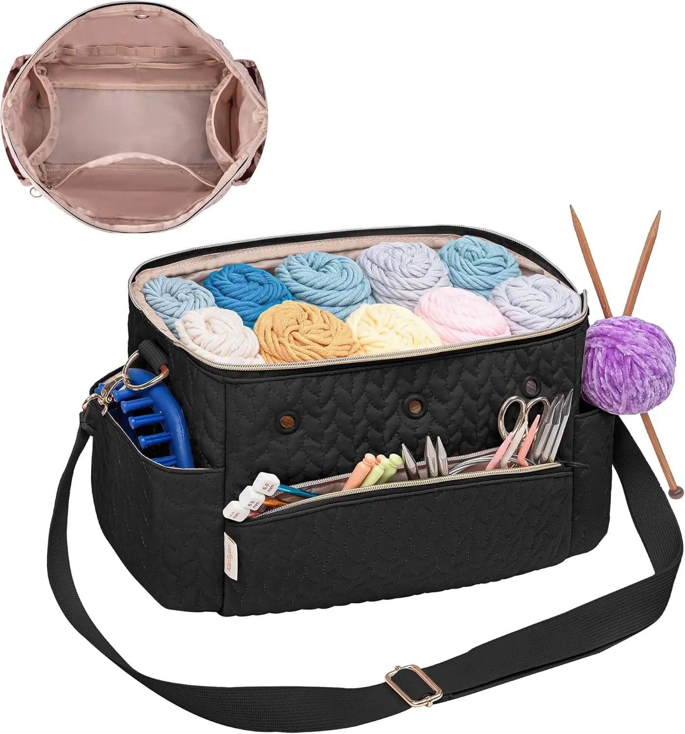 Crochet Bag Yarn Storage Organizer Knitting Bag For Crocheting Accessories Crochet Hook Case Gifts For Crafters (Black-3)