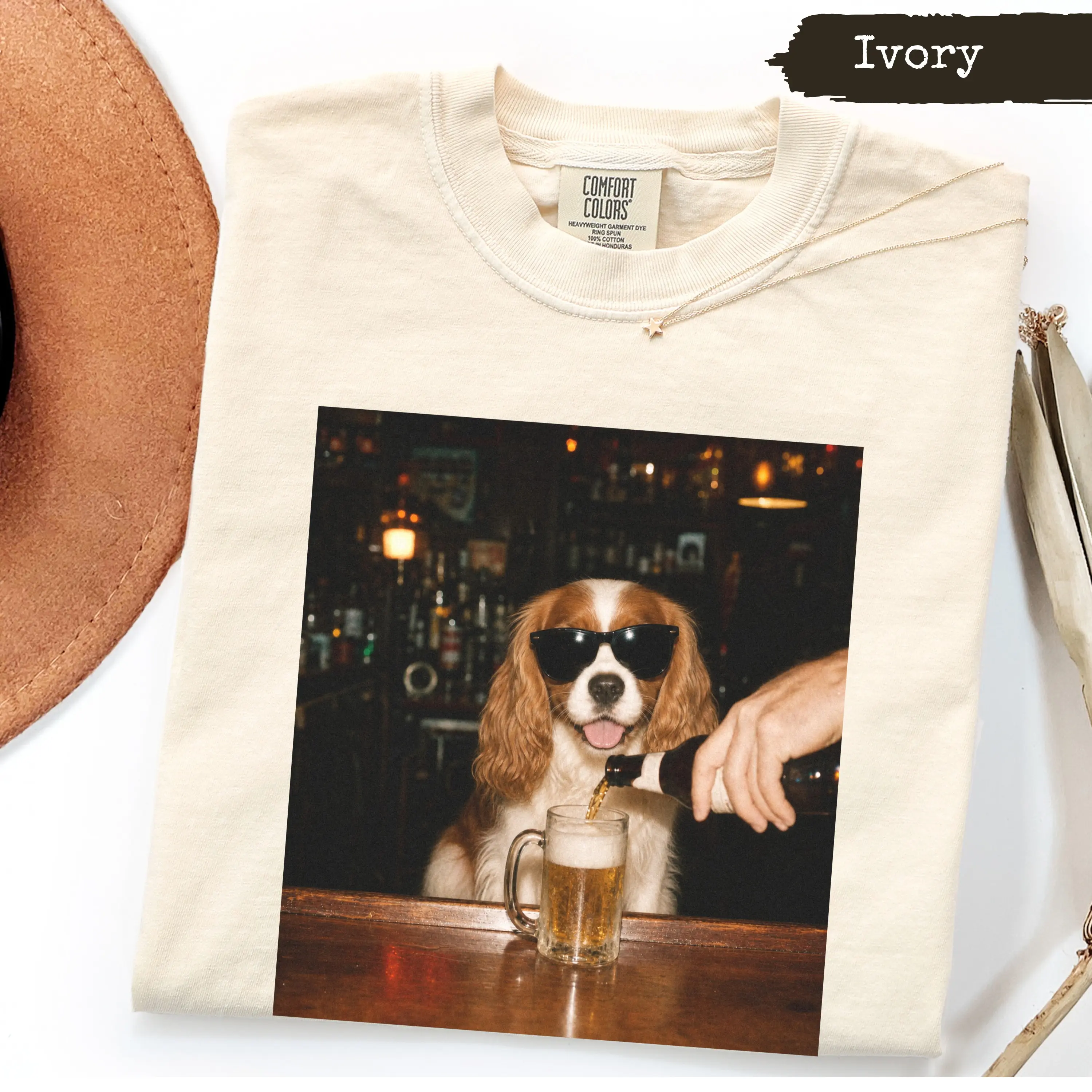 Men's Vintage Menswear Animal Print T-Shirt - Funny King Charles Spaniel Graphic, Loose-Oversize Baggy Fit, Garment-Dyed Cotton Polyester Sweatshirt, Casual Short-Sleeve Ribbed Top, Soft Plush Fleece Beer Lover Gift