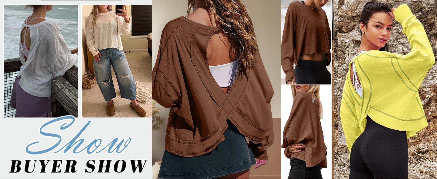 Molitree Women's Open Back Workout Top Long Sleeve Athletic Shirts Casual Crop Running Tee Y2k Yoga Fitted Cotton Spandex Blend Comfortable Fit