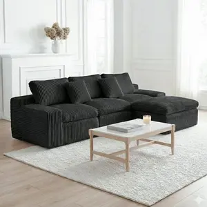 【2 Boxes】HipyMo 106‘’ L-Shaped Modular Boneless Couch for Living Room with 2 Pillows & 1 Ottoman, Plush Corduroy Cloud Velvet Sectional Sofa, 0-Assembly Required, Deep Seat & Flexible Configuration, Ultimate Comfort & Custom Layouts for Apartment