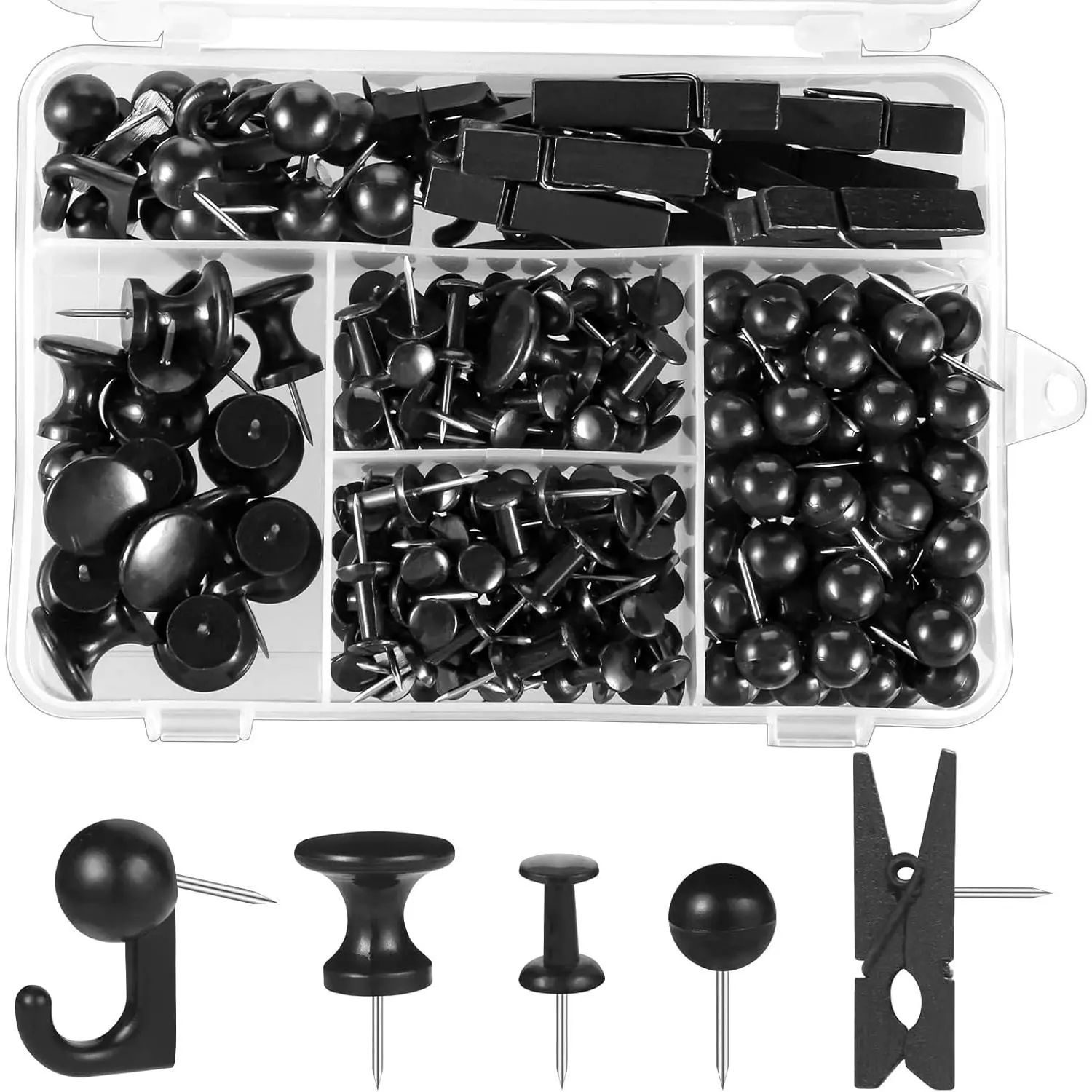 200 count Push Pins Thumb Tacks Black Push Pins for Cork Board, 5 Style for Bulletin Boards Wall Maps Pictures Office  Supplies