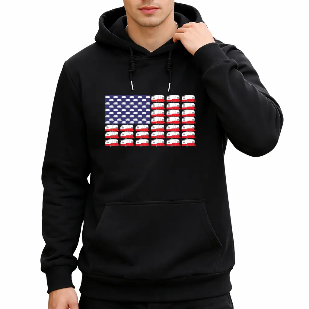 Men’s Vintage Long Sleeve Hoodie with Retro RV Camper and American Flag Print – Cozy Loose Fit for Outdoor Adventures