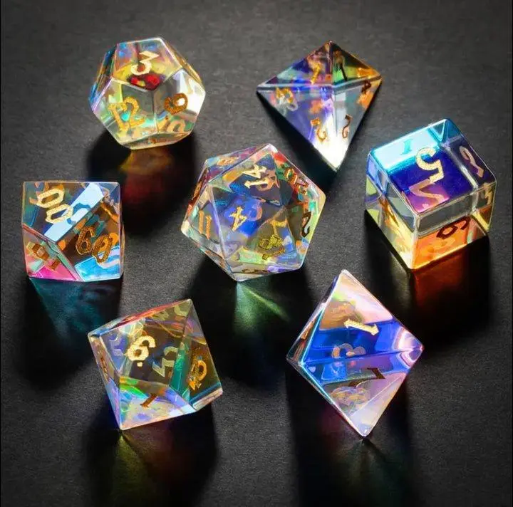 Handcrafted K9 Glass Prism Dice Set 7PCS Iridescent Multi-Faceted Gemstone RPG Dice for Role-Playing Games with Premium K9 Glass and Iridescent Prism Effect