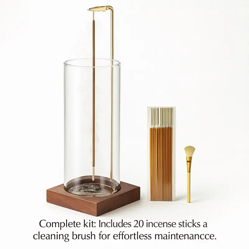 Glass Incense Holder with Wooden Base – Anti-Ash Incense Burner for Sticks, Includes 20 Incense Sticks, Ideal for Meditation, Yoga, Relaxation, Spa & Home Decor