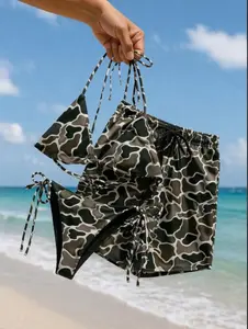 Camouflage Matching Couple Swimsuit Set, Women's Bikini Sets Two Piece Swimsuit, Camo Hunting Camo Matching Couple Bikini Sets Men's Shorts