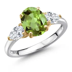 Gem Stone King 2.80 Cttw Green Peridot and Lab Grown Diamond Engagement Ring For Women | 925 Silver and 10K Yellow Gold | Oval 9X7MM | Three Stone Wedding Engagement Anniversary Ring