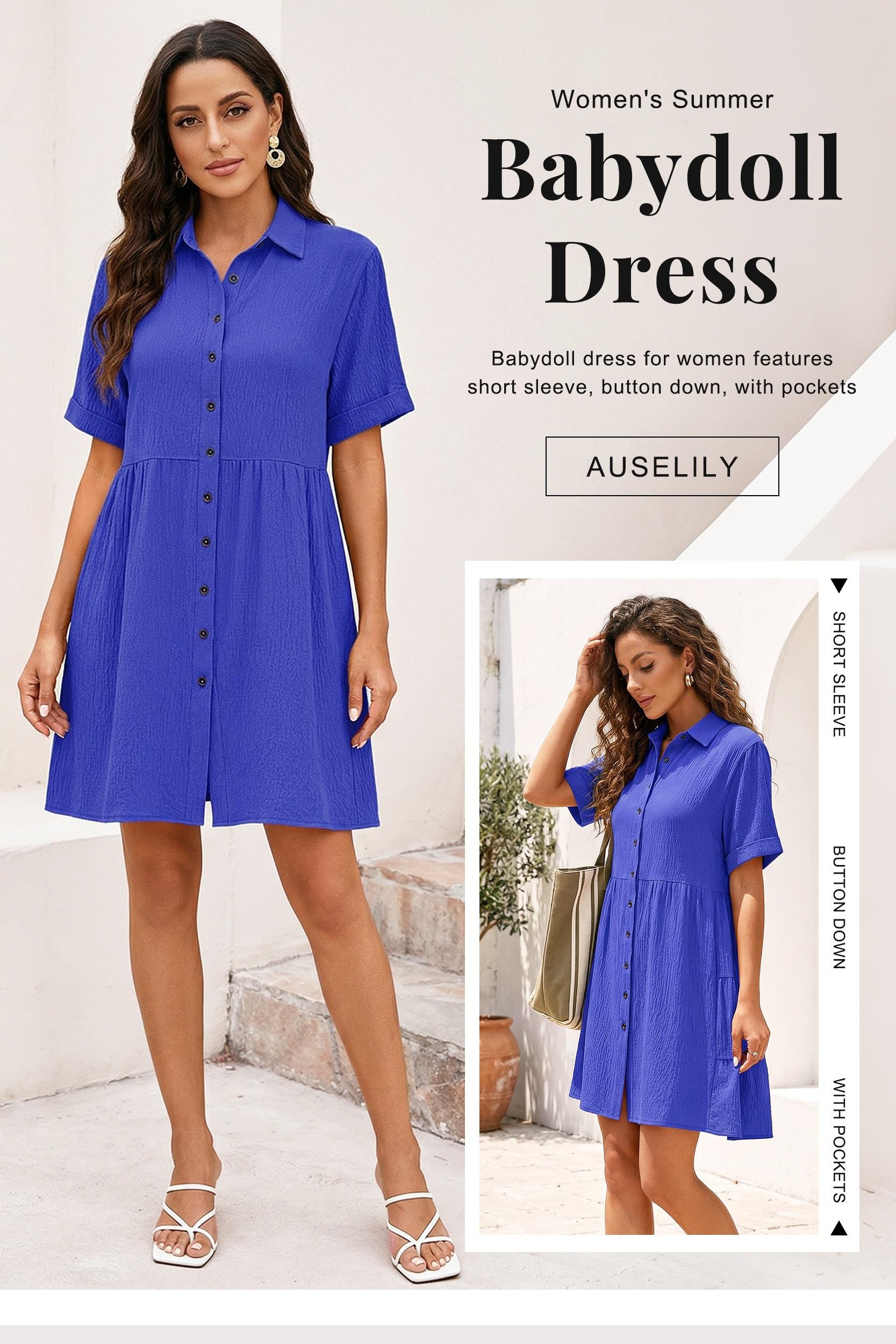 AUSELILY Babydoll Dress for Women Short Sleeve Button Down Textured Non-clingy Loose Fit Flowy Mini Dress with Pockets 2026 New Summer Dress AUSELILY Babydoll Dress for Women Short Sleeve Button Down Textured Non-clingy Loose Fit Flowy Mini Dress with Pockets 2026 New Summer Dress