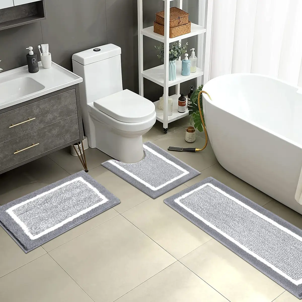 Bathroom Rug Sets, Non Slip, Absorbent Microfiber, Soft Farmhouse Bathroom Rug, Includes U-Shaped Toilet Mat, Shower, Machine Washable Home Goods