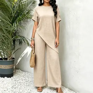 2026 summer loose round neck irregular medium and long top wide leg pants casual two-piece set