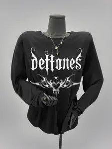 Women's Y2K Gothic Letter Print Long Sleeve T-Shirt, Vintage Harajuku Loose Streetwear Top, Summer Casual Hip Hop Rock Band Clothing