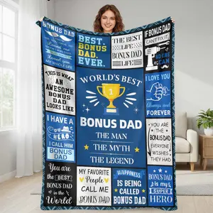 Bonus Dad Flannel Blanket Trophy and Quote Print Pattern Soft Cozy Warm Gift Throw Blanket for Sofa Bedroom Living Room Father’s Day Birthday Appreciation Home Decor summerwins