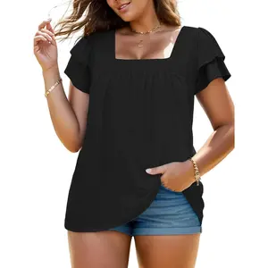 DOLNINE XL-5XL Plus Size Summer Tops for Women Petal Short Sleeve T Shirts Square Neck Tunics Flowy Pleated Blouses VPS0130