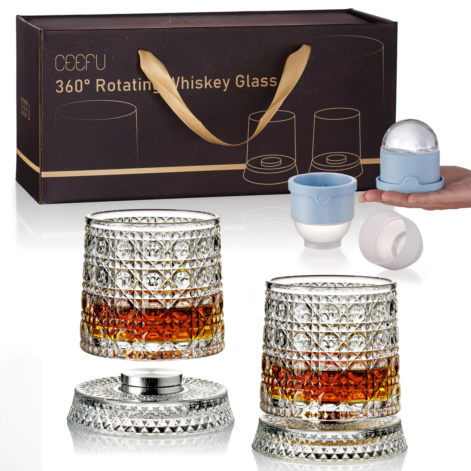 Luxury Spinning Crystal Whiskey Glass Drinkware Father’s Day Gift Set – 2 Rotating Glasses & 2 Ice Ball Molds with Elegant Gift Box, Diamond,  Ice Crackle & Snowflake Cut Barware Gift Set, Perfect for Halloween  Parties, Thanksgiving & Christmas Gifts