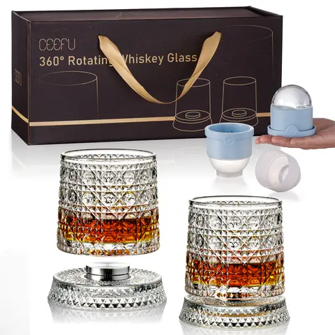 Stylish Luxury Spinning Whiskey Drinkware Set - 2 Rotating Glasses, 2 Ice Ball Molds, Gift Box for Home, Unique Mens Gifts for Boyfriend (Christmas Focus)