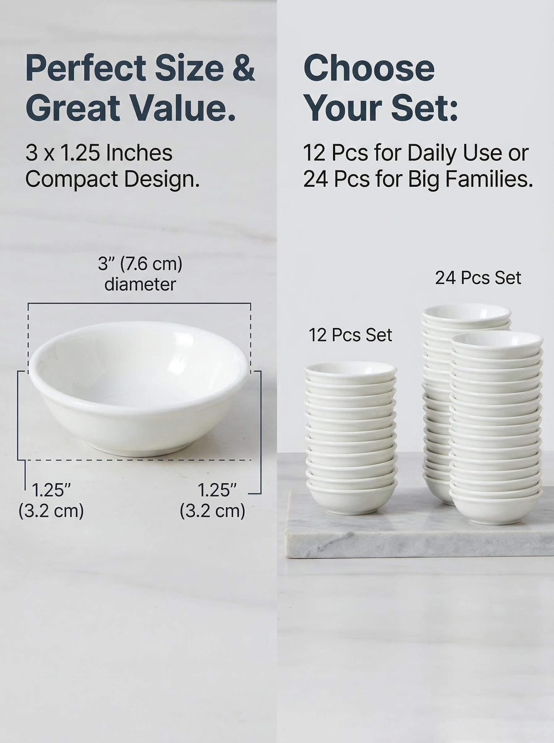 12 & 24 Pack 1.2 Oz Small Ceramic Dipping Bowls Bulk, White Soy Sauce Dishes for Ketchup, Olive Oil, Sushi, Appetizer & Condiments ,white