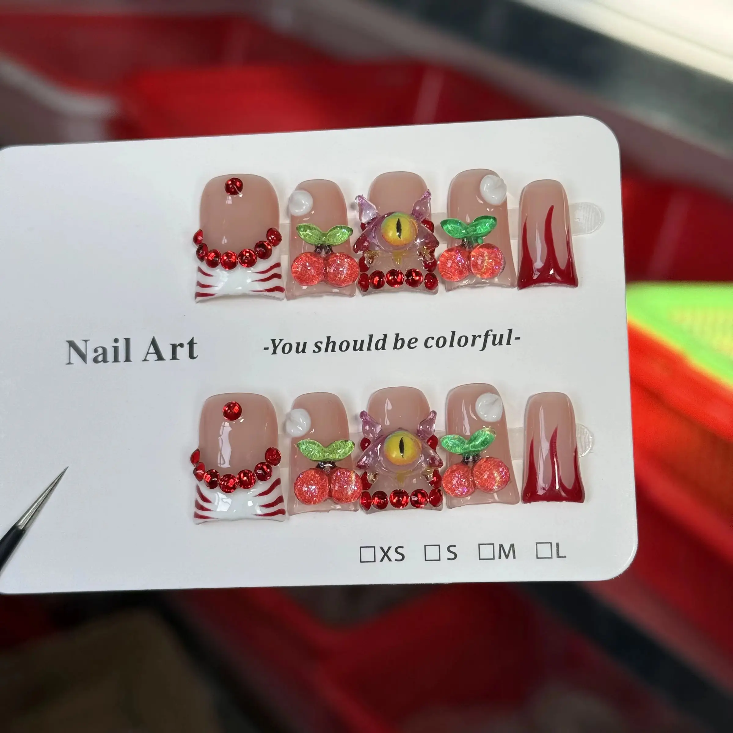 10pcs high-end Gothic style, hand-painted zebra stripes, three-dimensional cat's eyes, cherries, sparkling red pile diamonds, Handmade Press On Nail Art Design, Nail Art Products