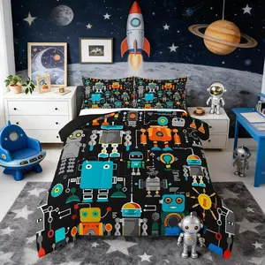 Science Fiction Robot Comforter Set,Cartoon Abstract Robot Bedding Set,Kids Boys Girls Cute Geometric Lines All Season Quilt Set,Intelligent Machine Bedding Comforter Set
