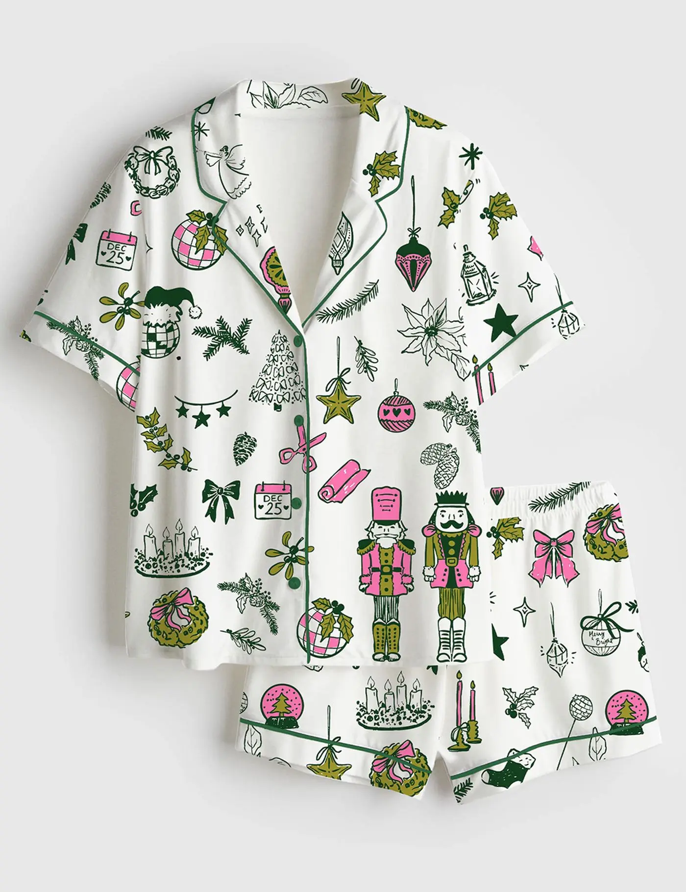 Women's Christmas Nutcracker Satin Pajama Set, Short Sleeve Holiday Sleepwear