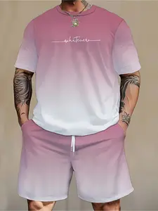 Men's gradient-color fashion sports outfit - comfortable casual T-shirt and breathable elastic shorts, made of polyester fiber/spandex blend material.