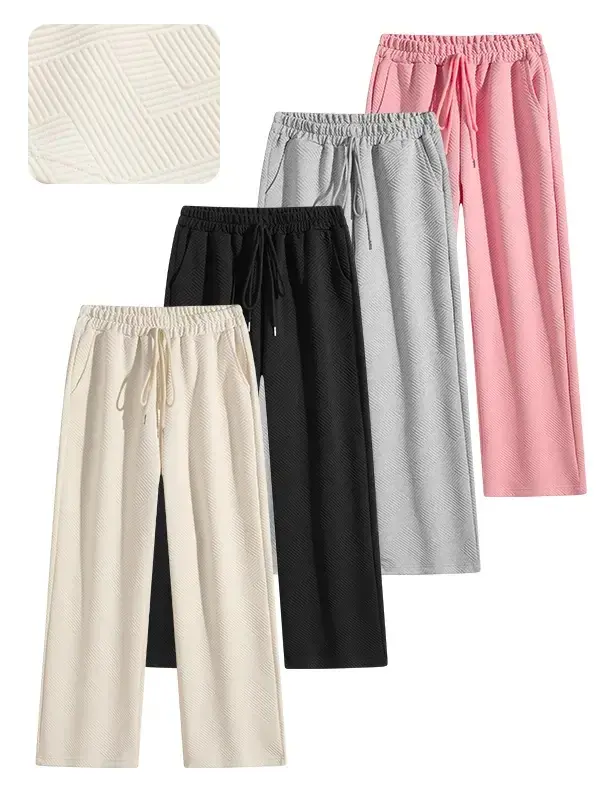Jacquard Fabric Wide Leg Pants for Women, Loose Fit Cozy Straight Sweatpants with Drawstring Waistband, Youth Girl Basic Casual Style Trouser for Daily Wear summerwins