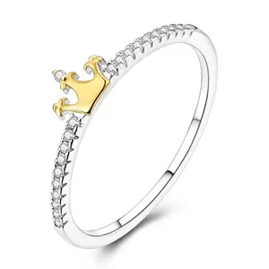 LAZA S925 Sterling Silver Crown Ring with Gold Plated Royal Crown and Sparkling Zircon, Elegant Princess Jewelry, Suitable for Girls, Birthday, Anniversary, Valentine's Day Gift