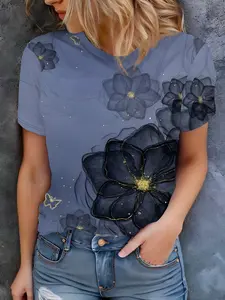 Women's Fresh Style Floral Hydrangea Print Short Sleeve Fitted T-Shirt Top, Elegant Breathable Fabric, Perfect for Spring & Garden Visits