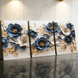 3 Counts Wooden Framed Canvas Painting, Elegant Blue And Gold Flower Images, Exquisite Poster, Perfect Gift, Decor For Living Room, Bedthroom, Modern Art, Fashion Family Poster, Wall Art Decoration
